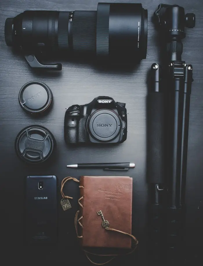 Flat lay of photography equipment including a DSLR, lenses, and accessories on a table.